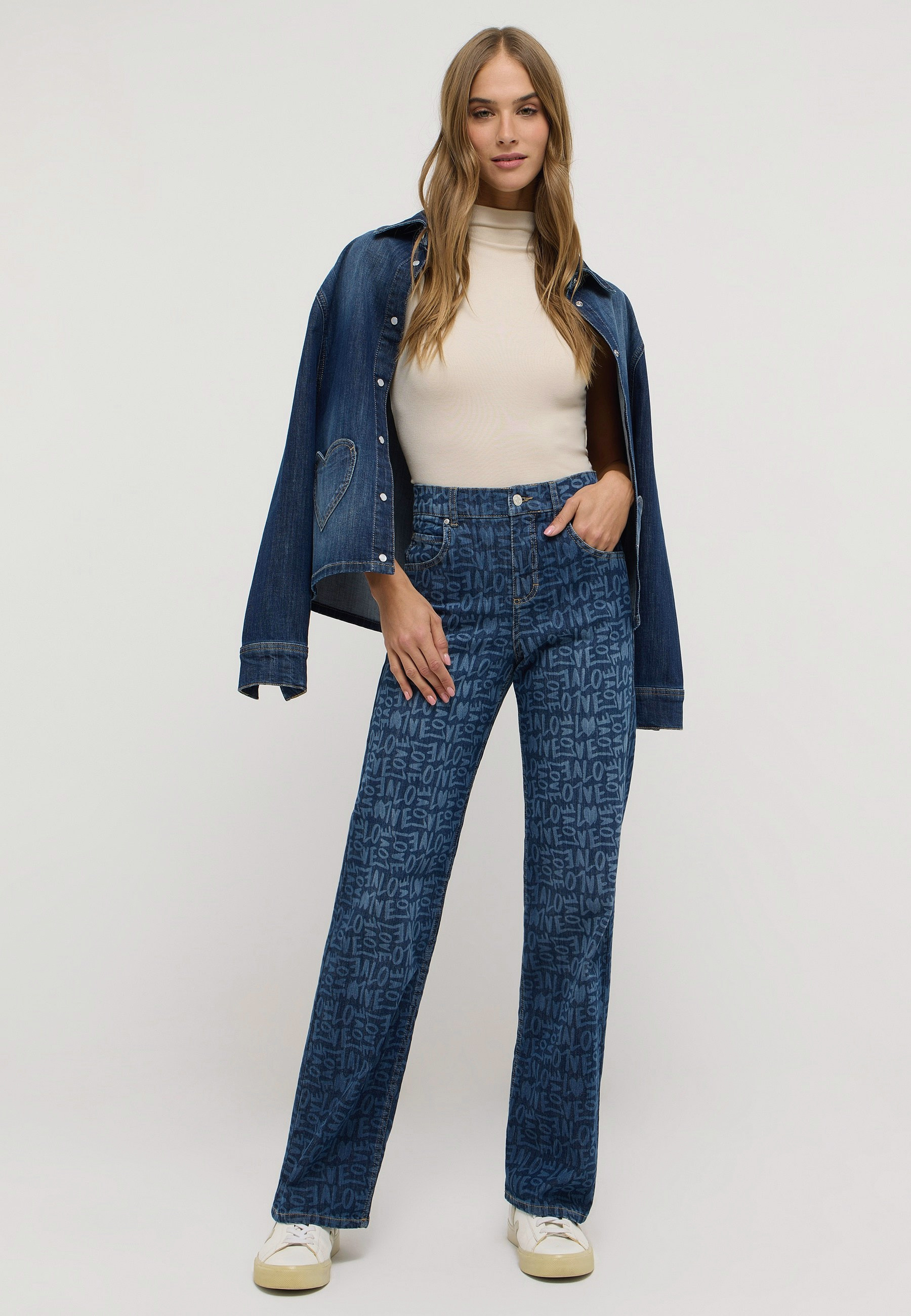 Authentic cotton Hose mit Fischgrätmuster und geradem Bein – Seitenansicht